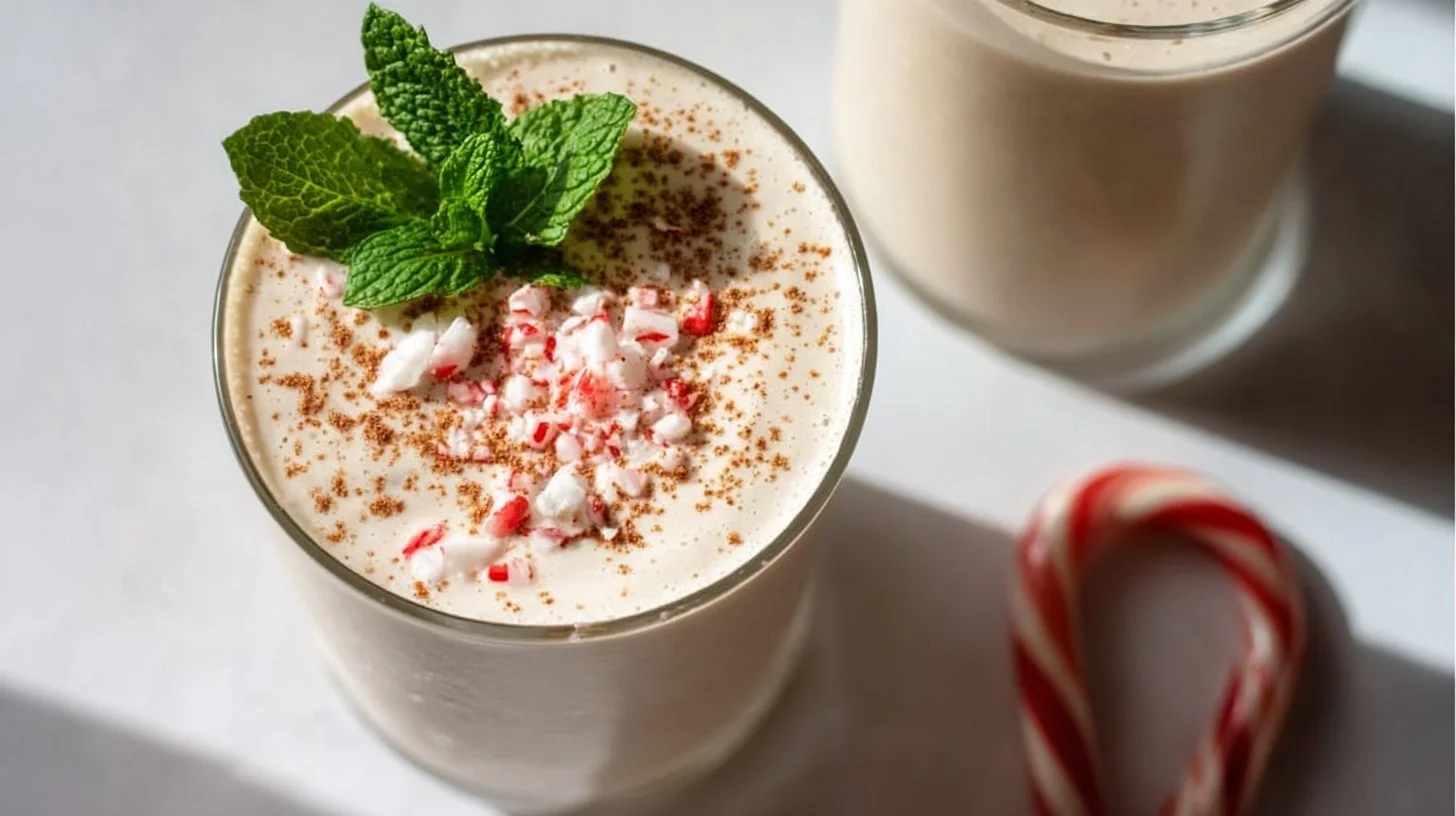 Vanilla Peppermint Protein Smoothie in a glass with mint leaves