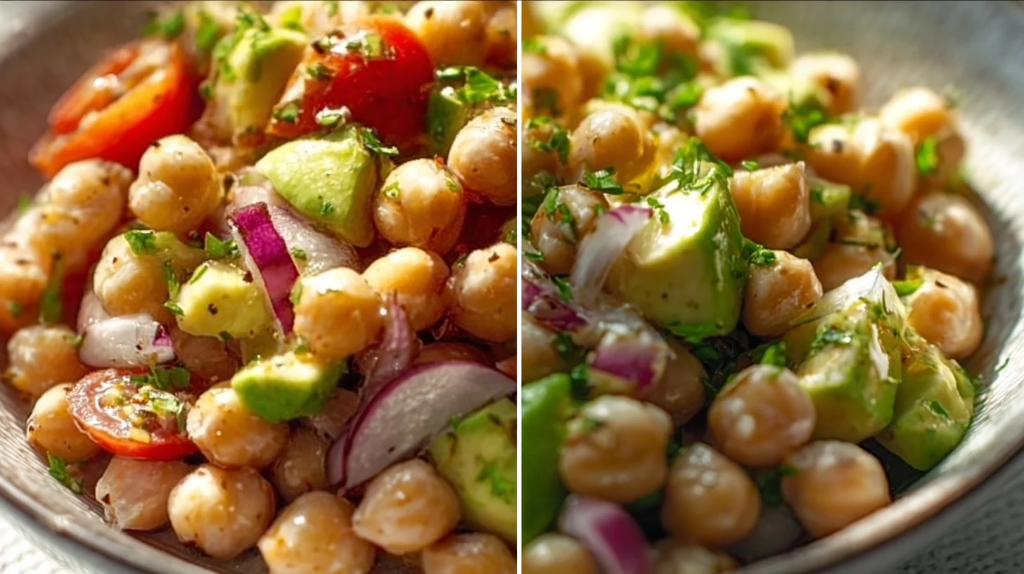 Vegan ceviche made with chickpeas, garnished with fresh vegetables.