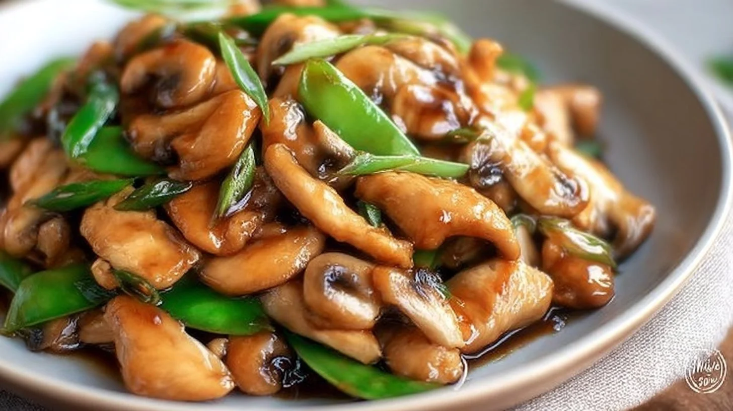 Delicious Chinese chicken stir fry with mushrooms in a bowl