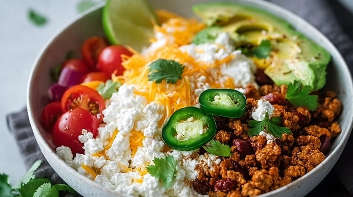 5-minute cottage cheese taco bowl topped with fresh ingredients
