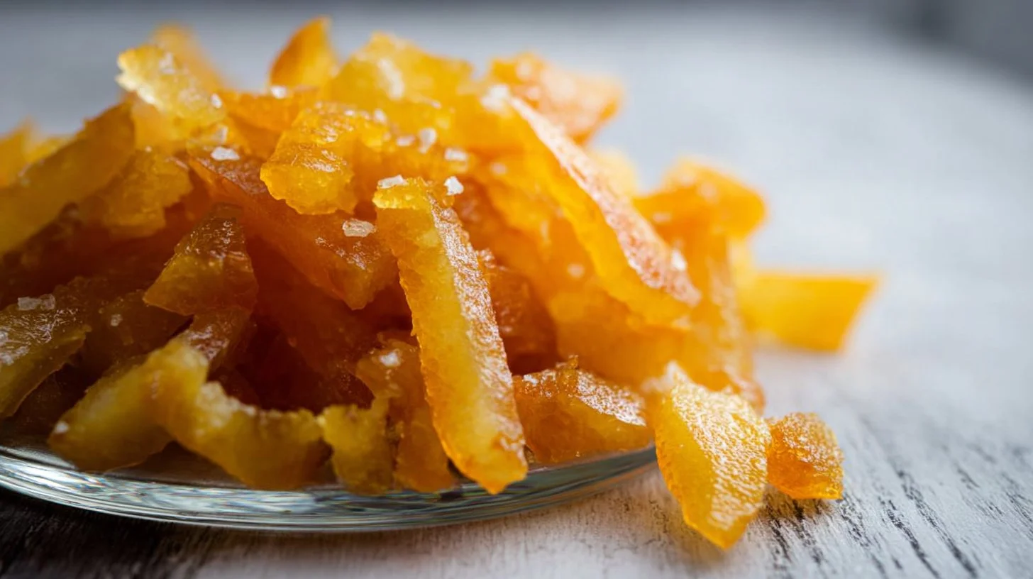 Homemade candied orange peel prepared for baking recipes.