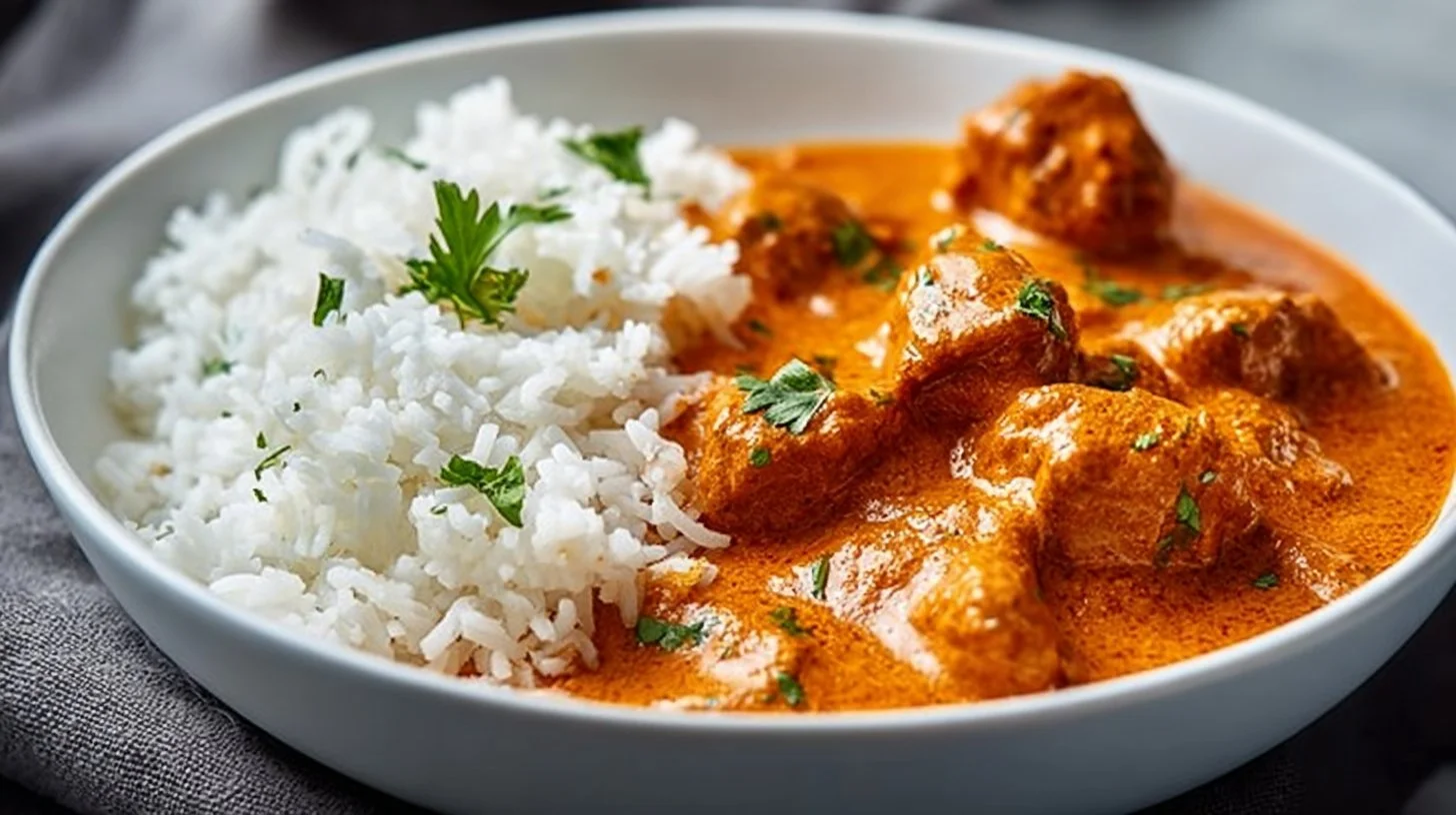Creamy crockpot butter chicken served with rice and naan for a hearty dinner.