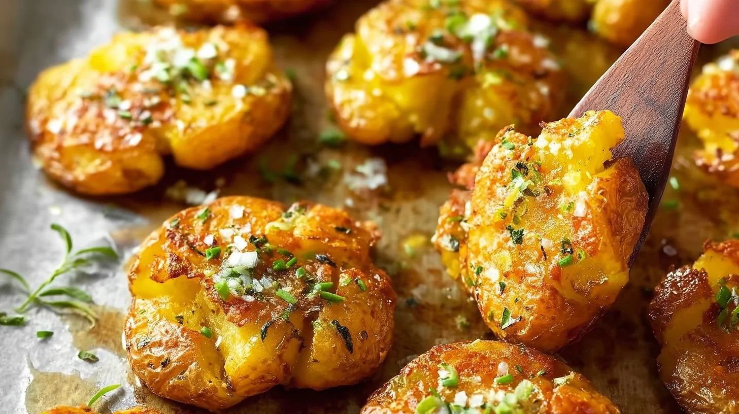Delicious crispy garlic herb smashed potatoes served as a side dish
