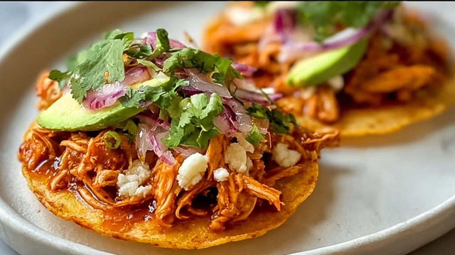 Crispy rotisserie chicken tostadas topped with fresh vegetables and salsa