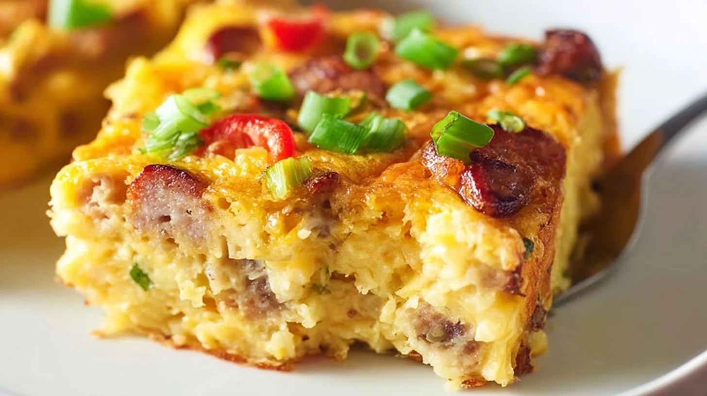 Delicious egg and sausage casserole dish served for breakfast