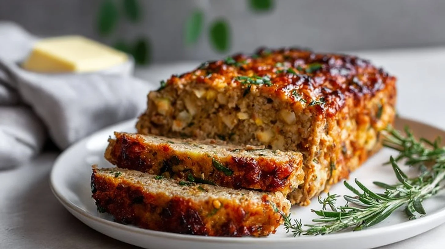 Delicious Garlic Parmesan Chicken Meatloaf served with herbs and spices.