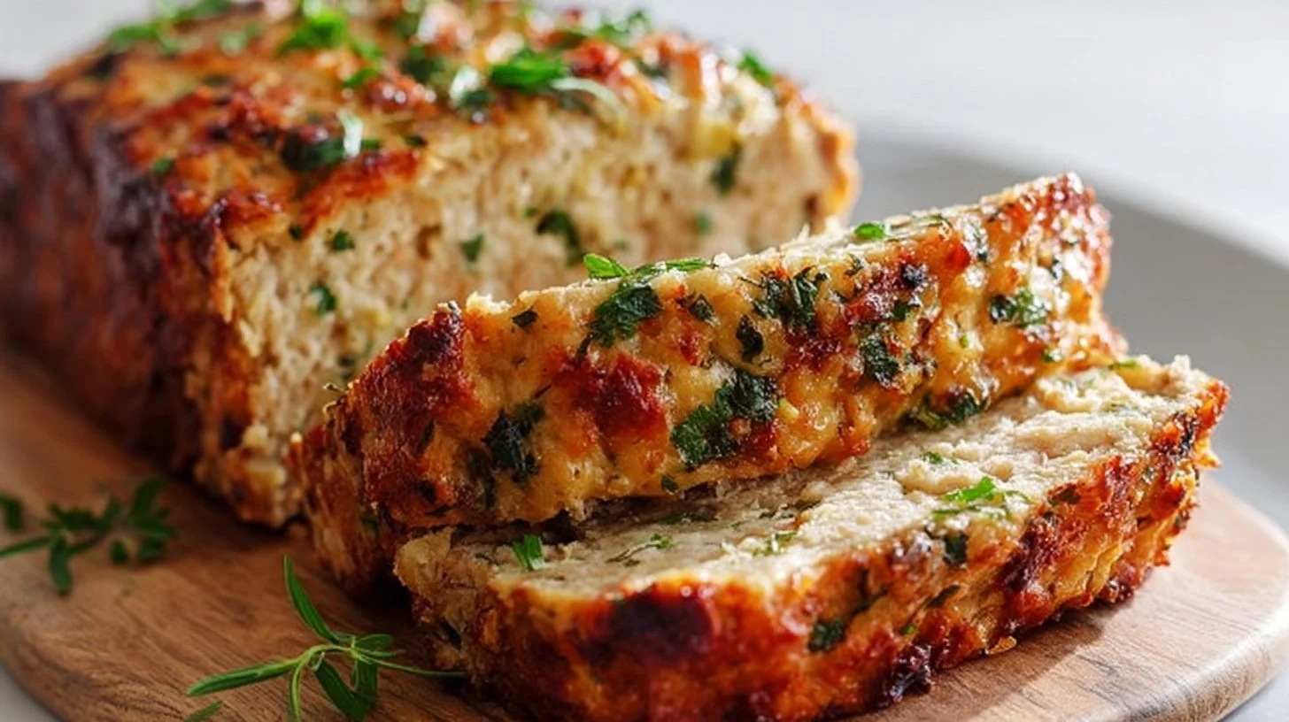 Delicious Garlic Parmesan Chicken Meatloaf served with garnish.