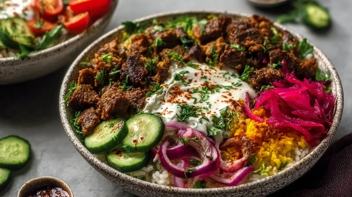 Delicious ground beef shawarma bowls with fresh veggies and spices.