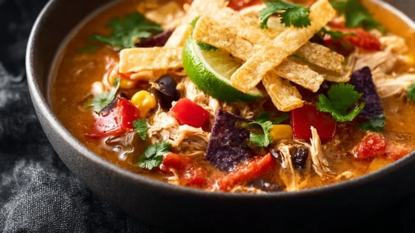Hearty one pot chicken taco soup in a bowl with toppings.