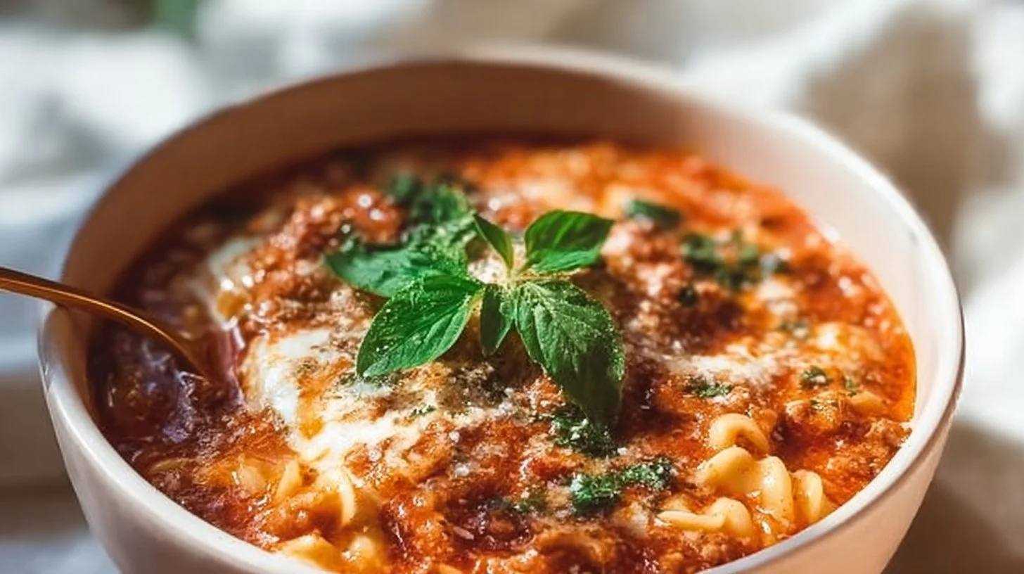 Delicious high protein lasagna soup in a bowl, topped with fresh herbs.