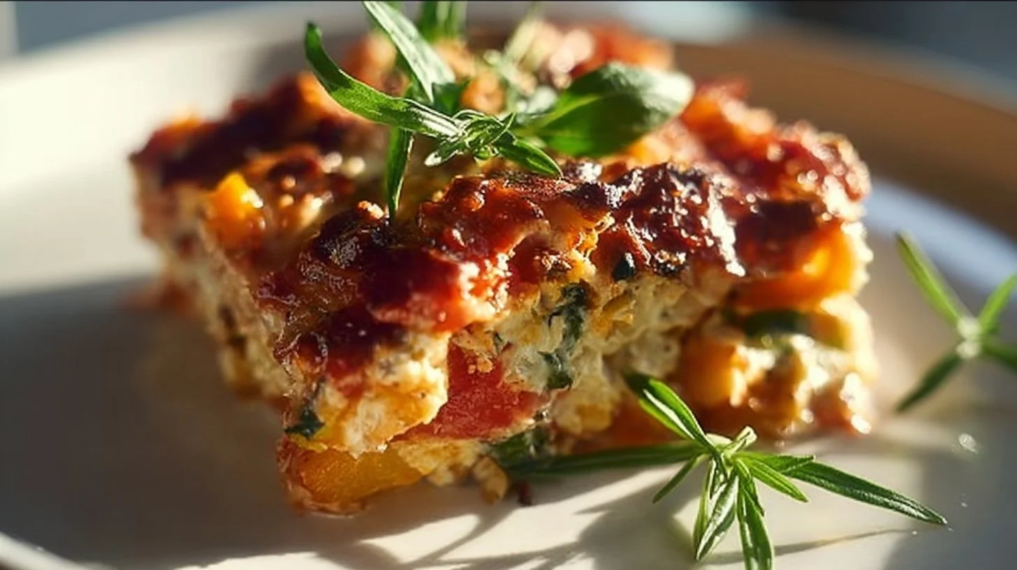 Plate of high protein veggie lasagna with vibrant vegetables and cheese.