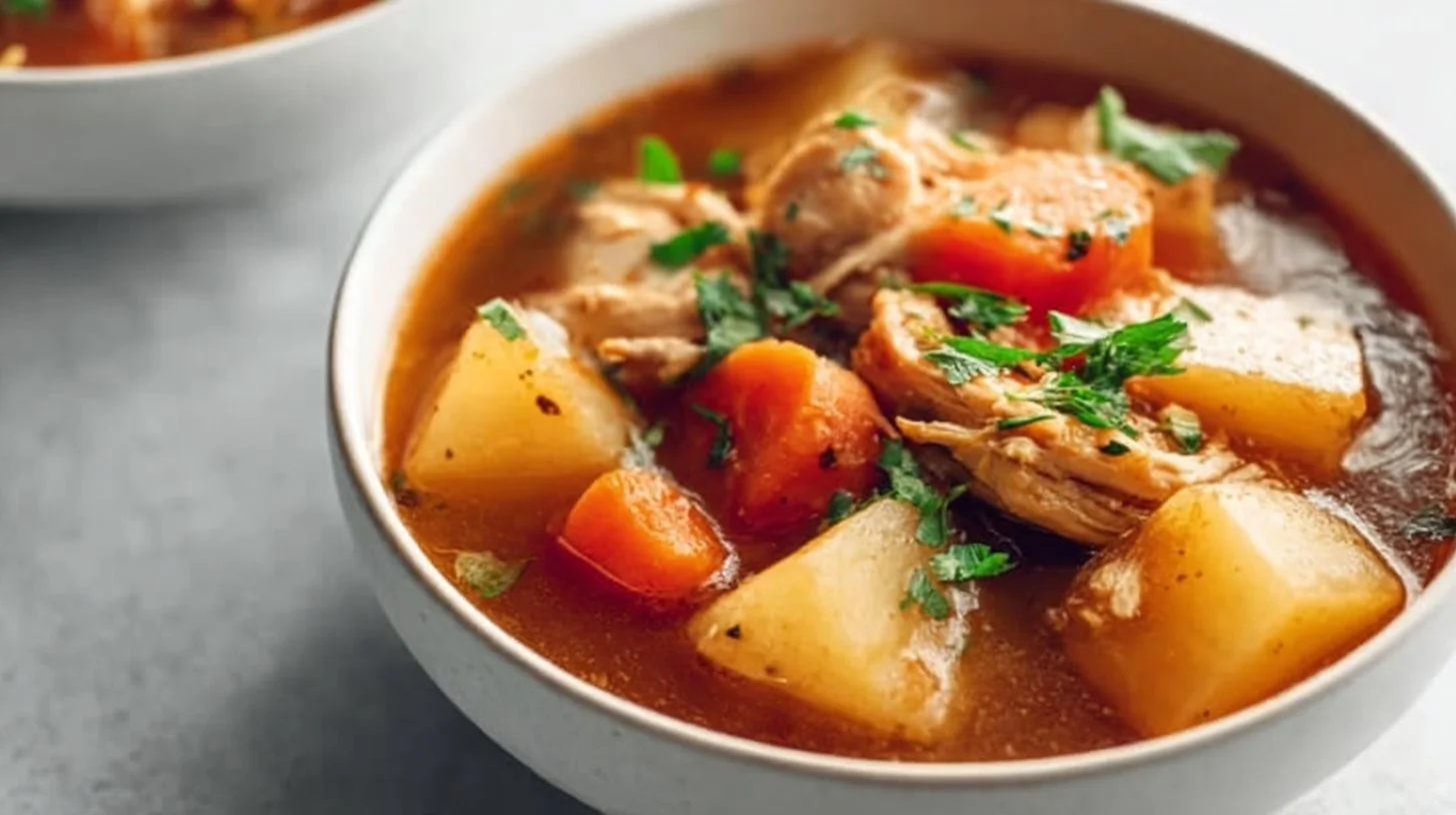 Savory crock pot chicken stew in a bowl, perfect for family dinner.