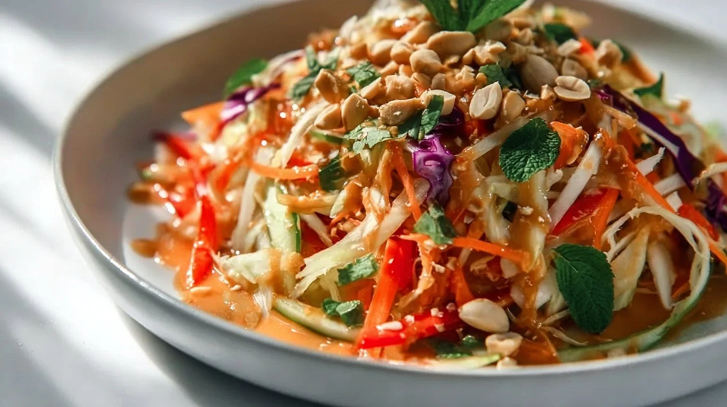 Bowl of Thai Peanut Salad with vibrant vegetables and peanut dressing