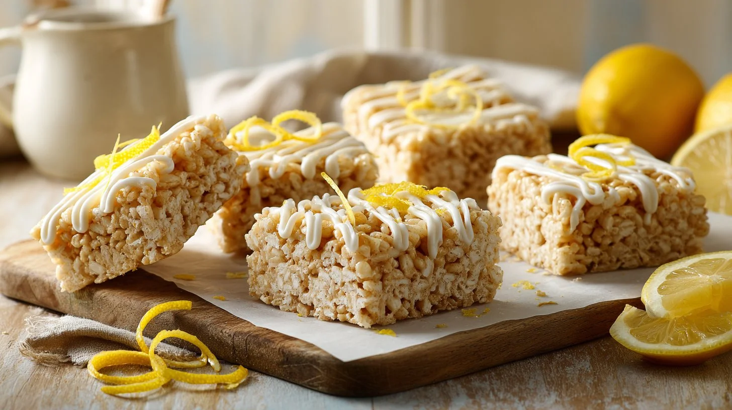 Delicious zesty lemon Rice Krispy treats on a plate, ready to enjoy