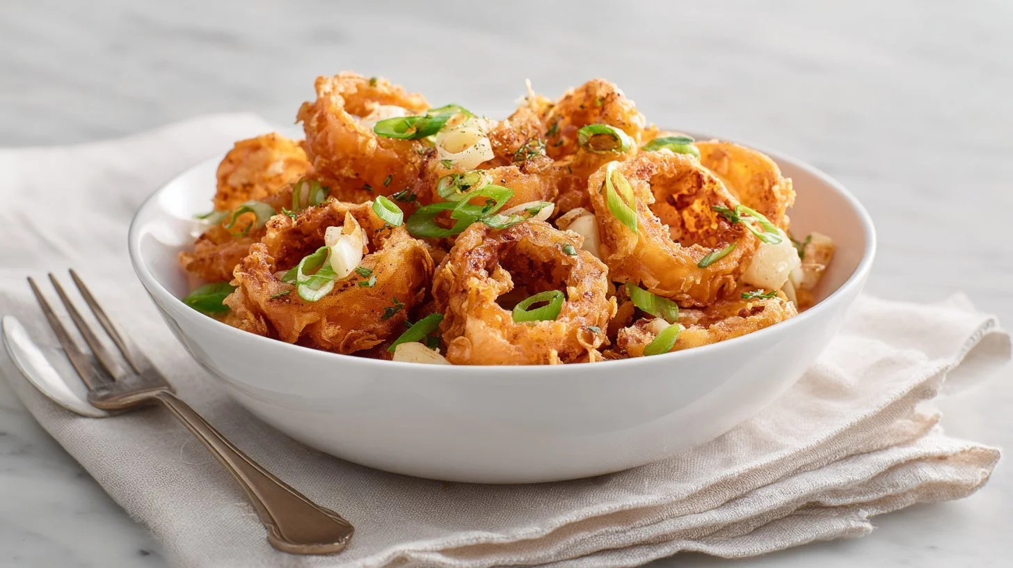 Crispy Crab Rangoon Onion Rings served on a plate with dipping sauce