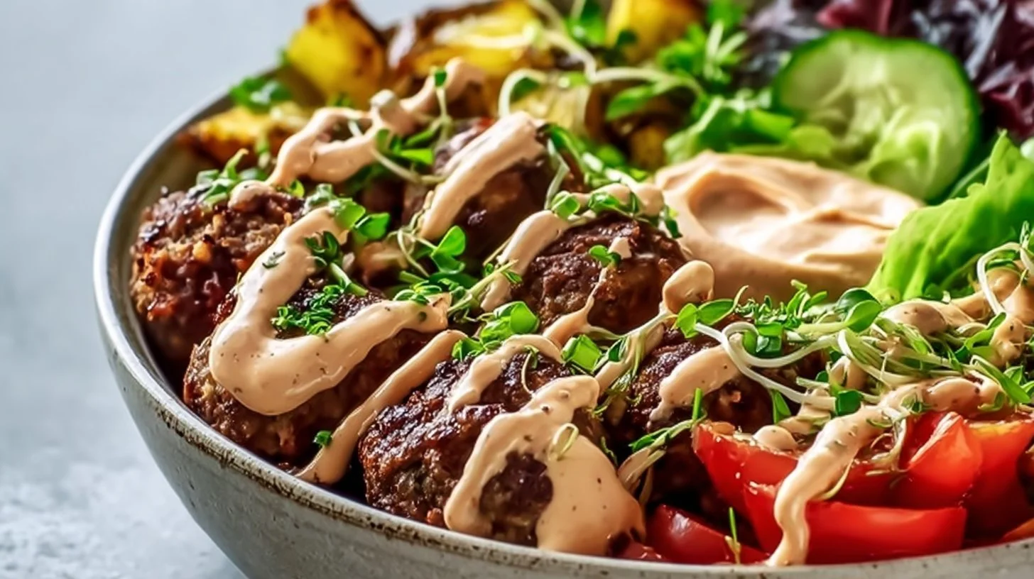 A healthy and colorful burger bowl filled with fresh ingredients.