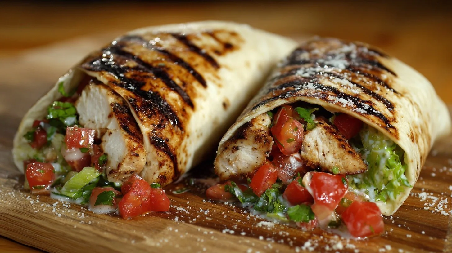 Grilled chicken wrap with chipotle mayo served on a plate