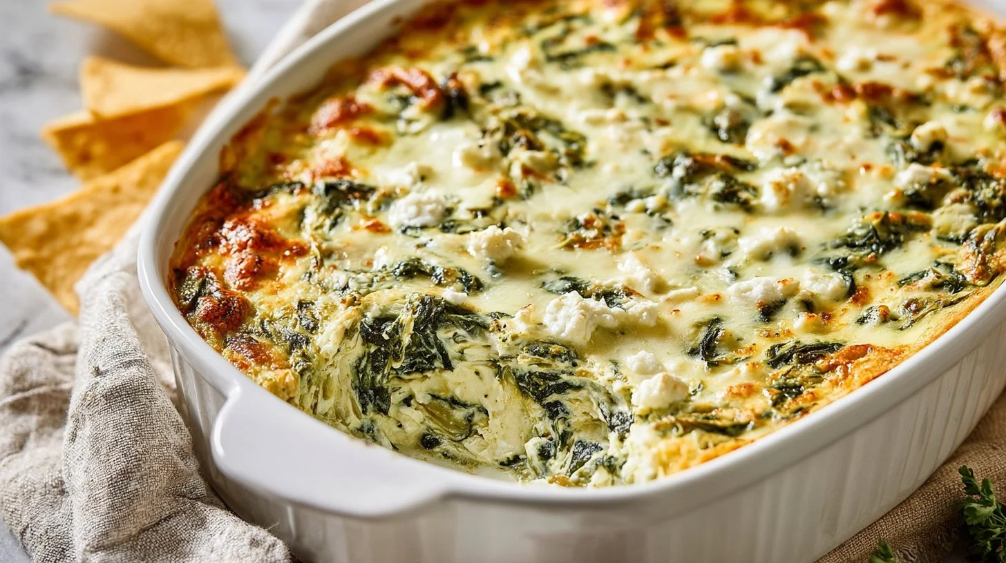 High-protein cottage cheese spinach artichoke dip served in a bowl