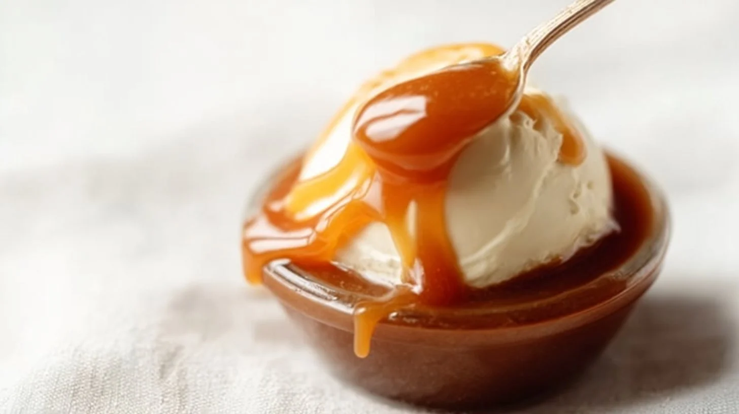 Delicious homemade caramel sauce in a jar, perfect for desserts.