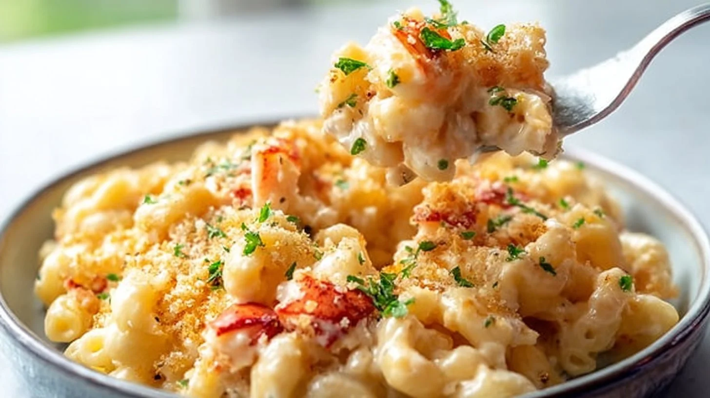 Delicious lobster mac and cheese in a creamy sauce with cheese and pasta