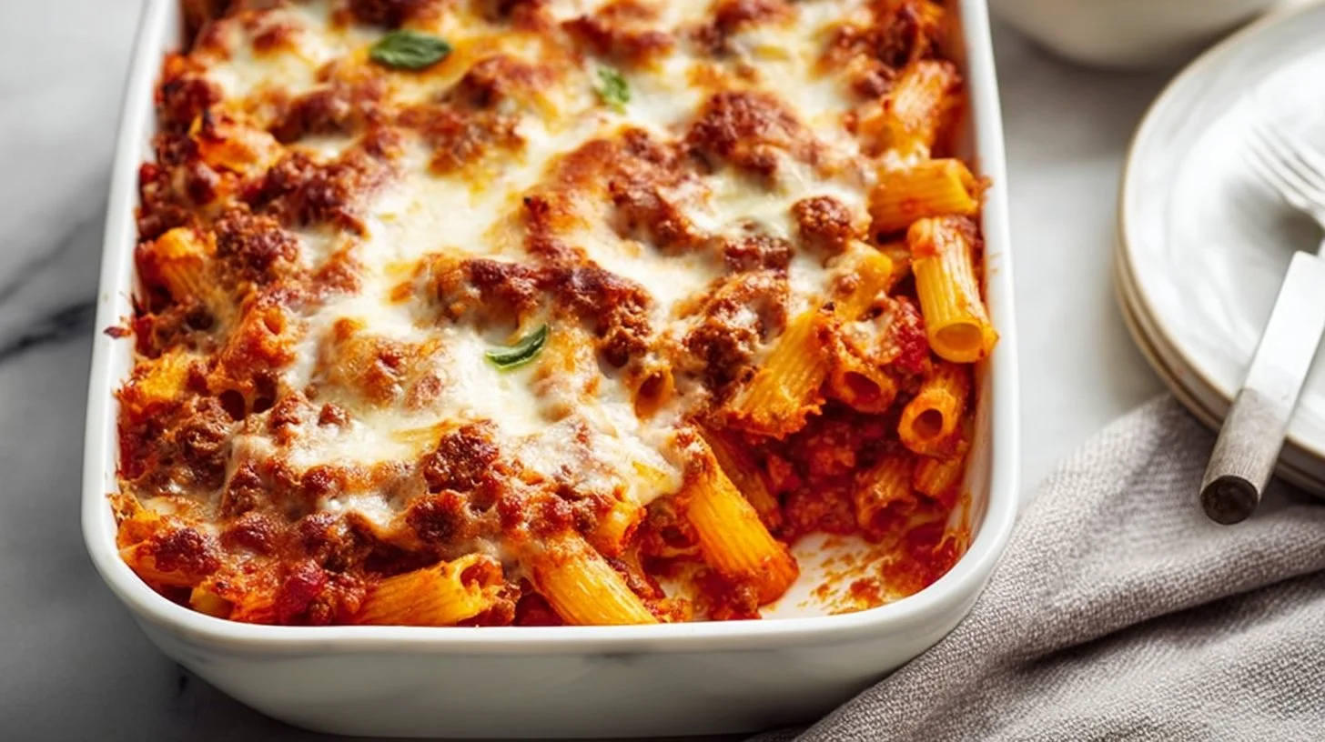 Delicious baked ziti with cheese and pasta, a comforting Italian dish.