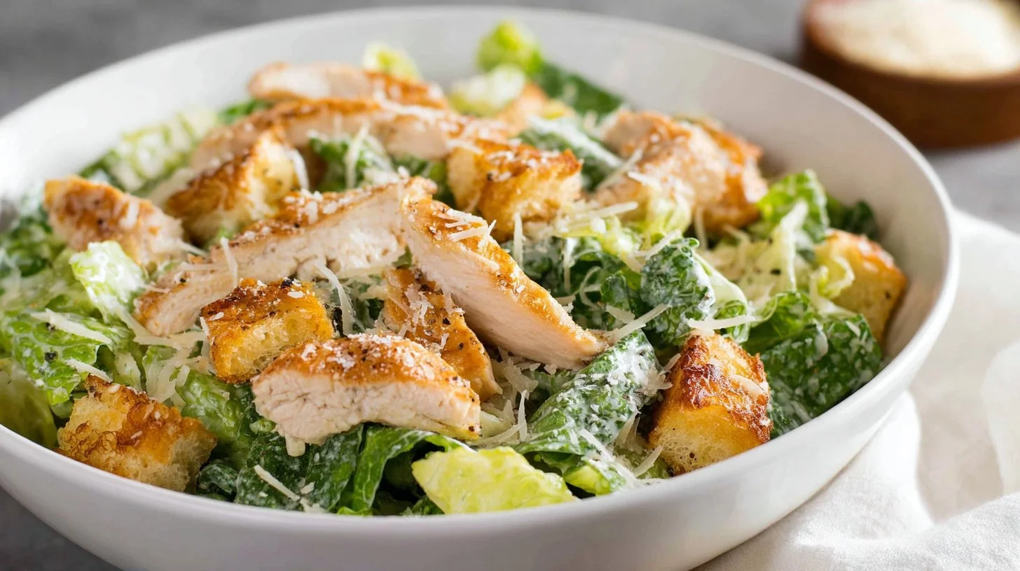 Delicious Chicken Caesar Salad with grilled chicken, romaine, and dressing
