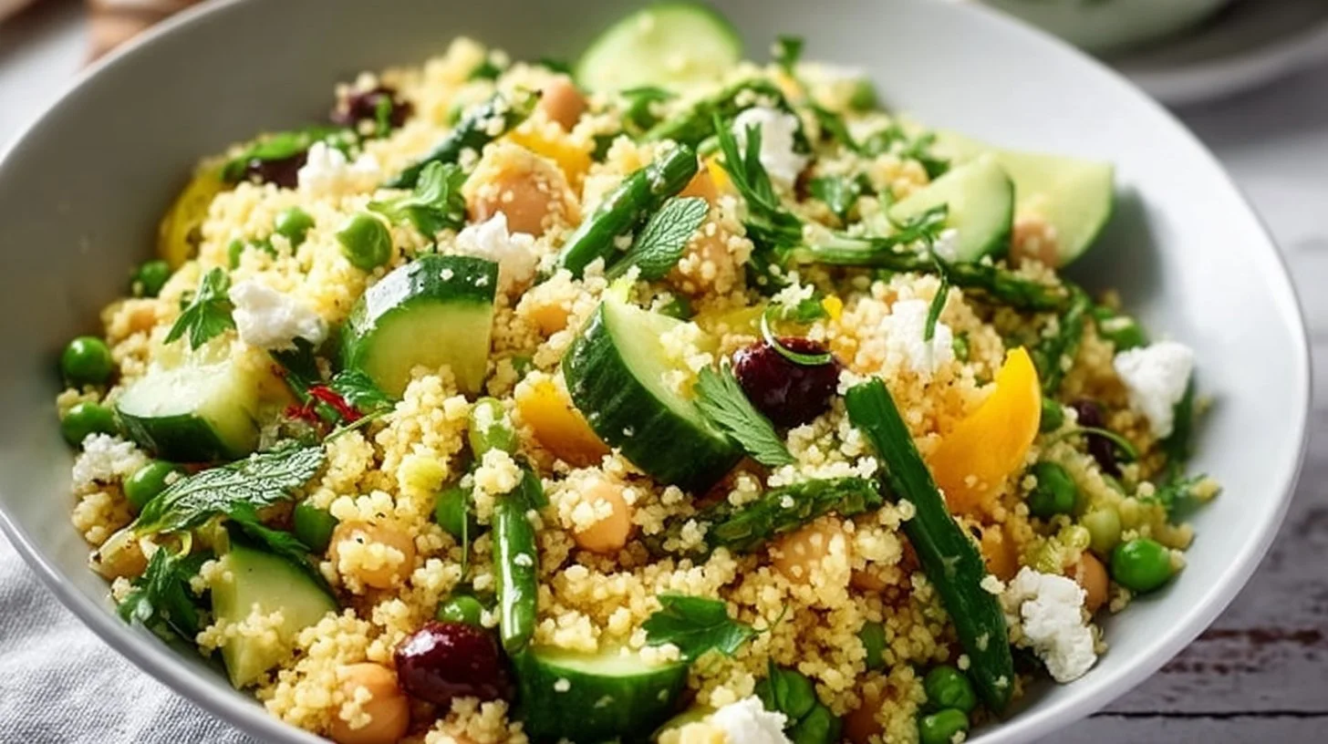A vibrant bowl of couscous salad with fresh vegetables and herbs