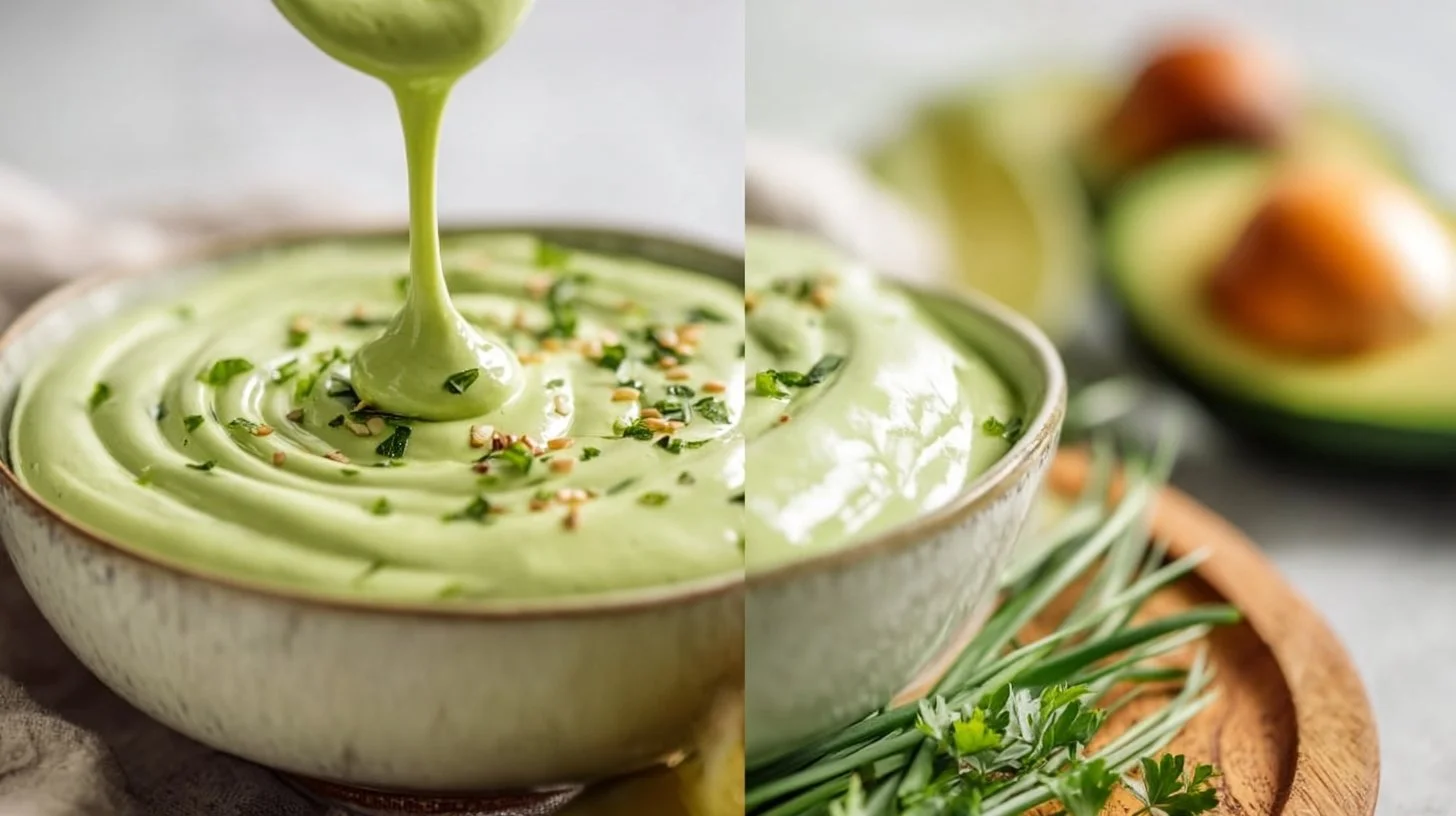 Creamy avocado goddess dressing served on a fresh salad