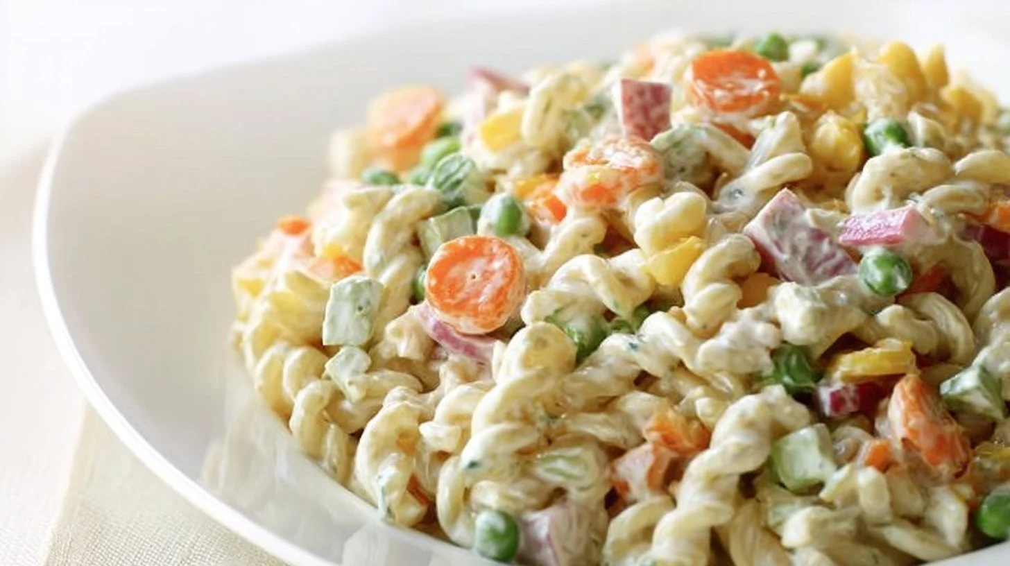Creamy ranch pasta salad with fresh vegetables and herbs in a bowl