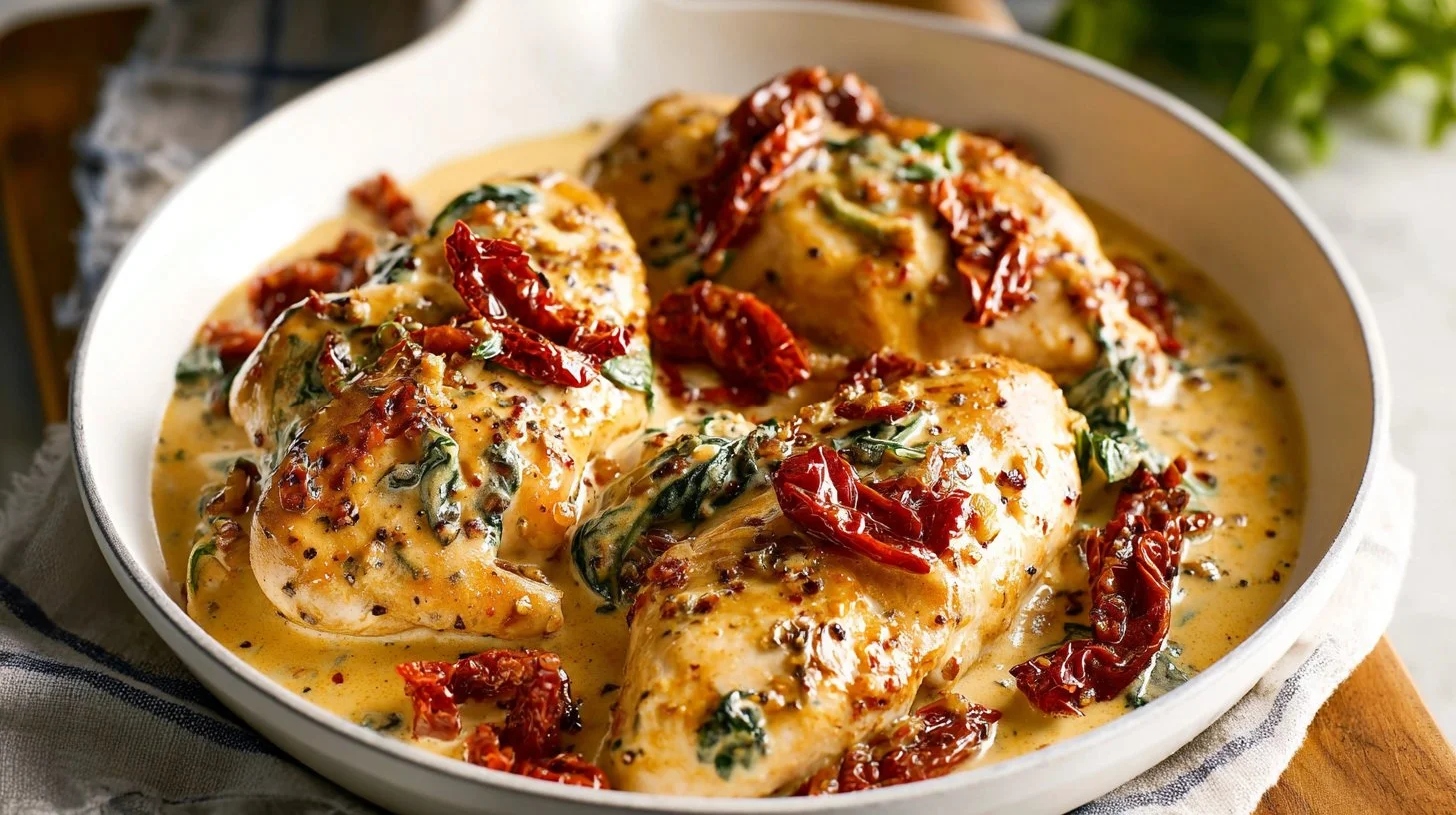 Plate of creamy Tuscan chicken garnished with herbs and served with vegetables
