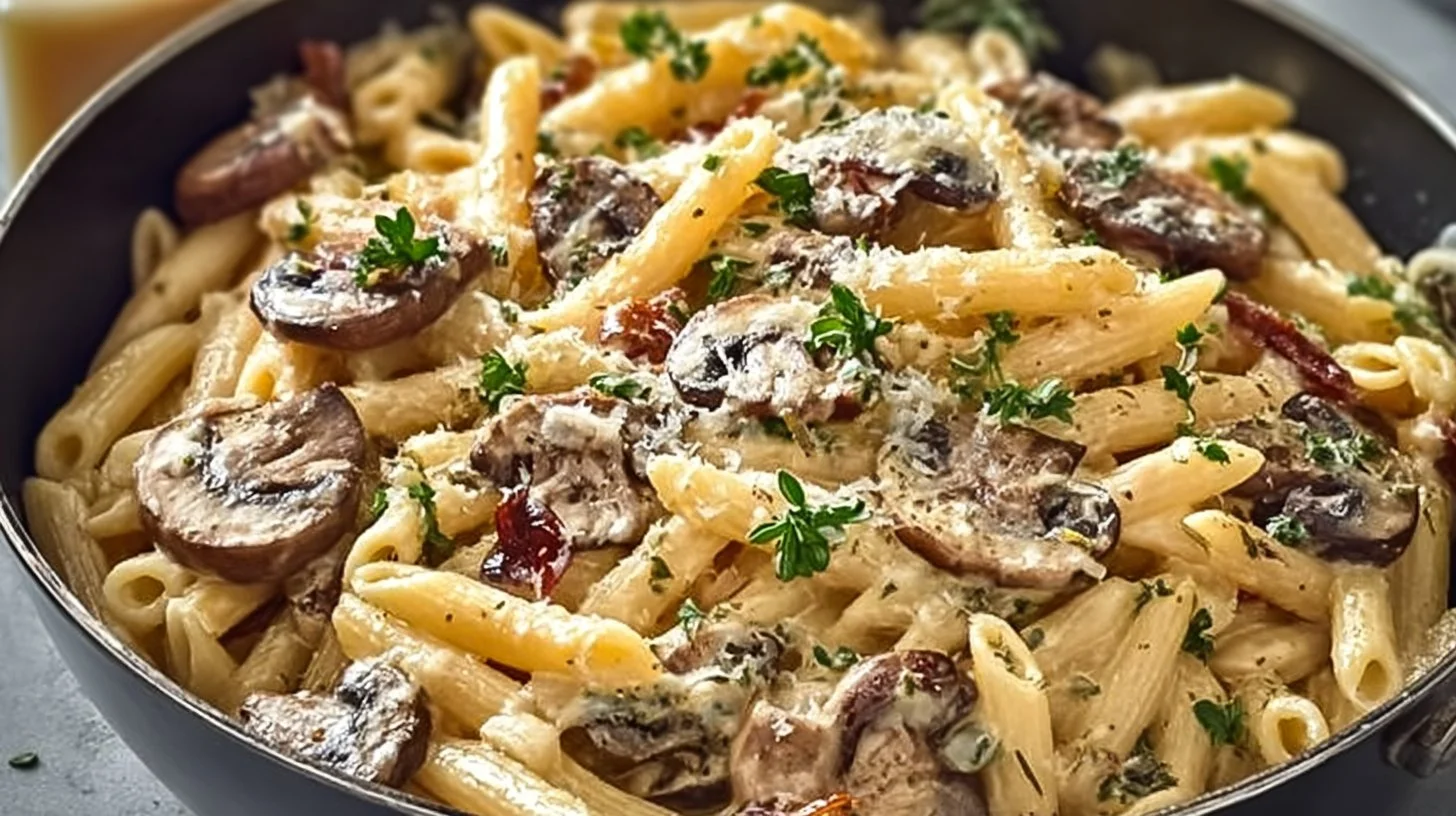Creamy Tuscan mushroom pasta skillet topped with fresh herbs.