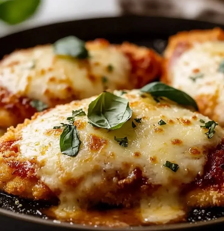 Crispy Baked Chicken Parmesan served with pasta and garnished with parsley