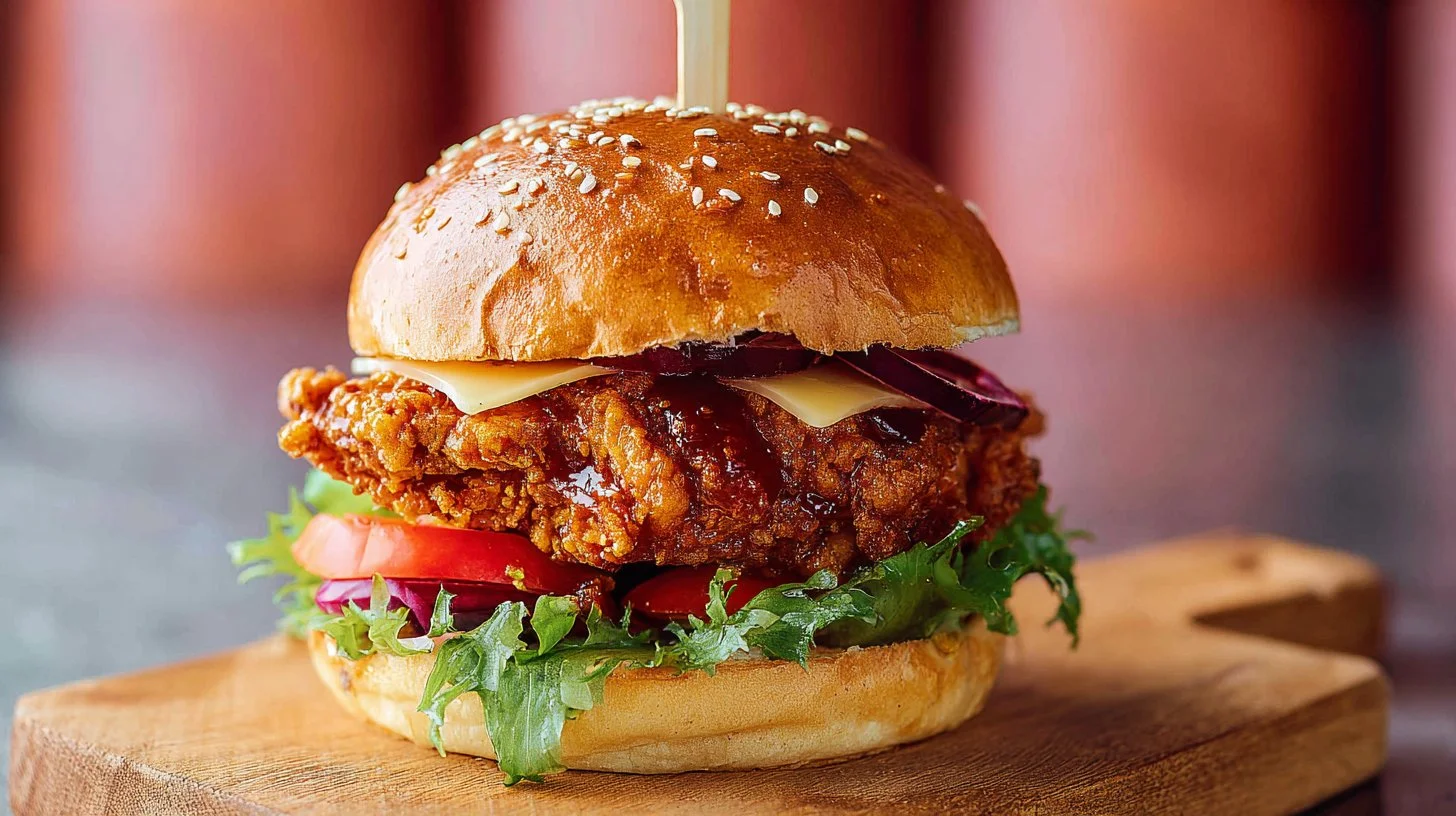Delicious crispy chicken burger with fresh toppings and a soft bun
