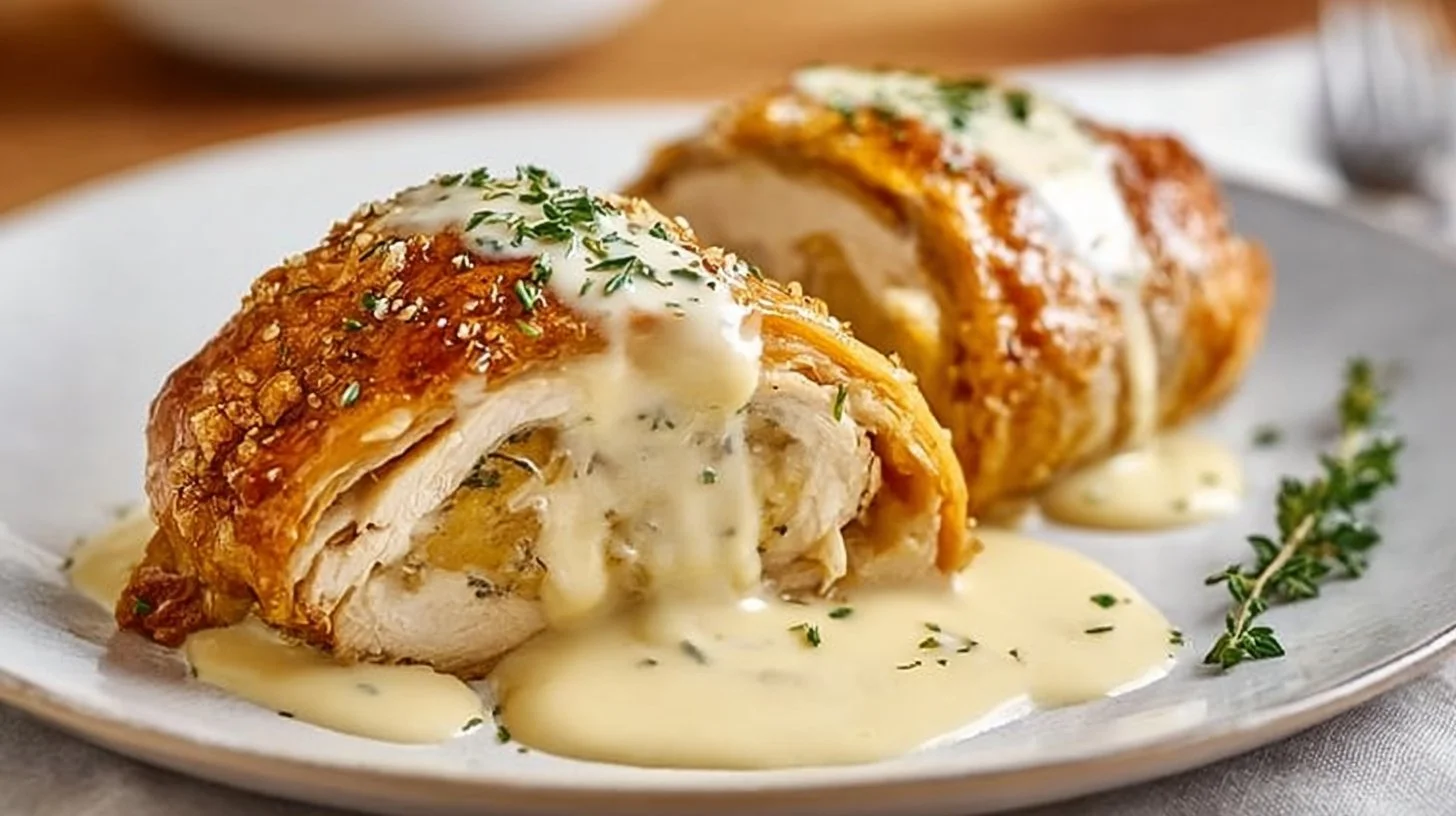 Crispy Chicken Wellington served with Dijon Cream Sauce on a plate