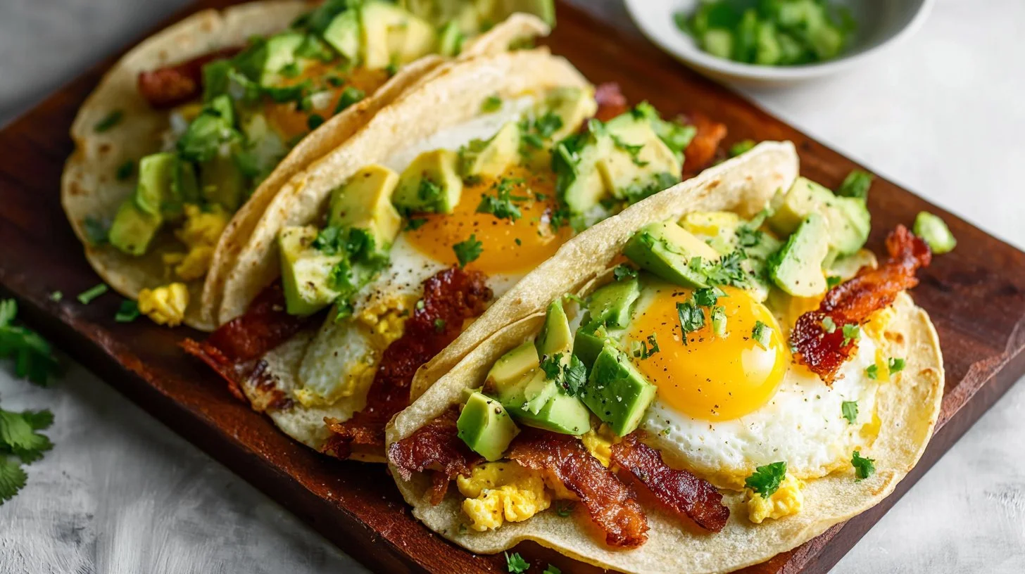Delicious easy breakfast tacos with bacon, egg, and avocado