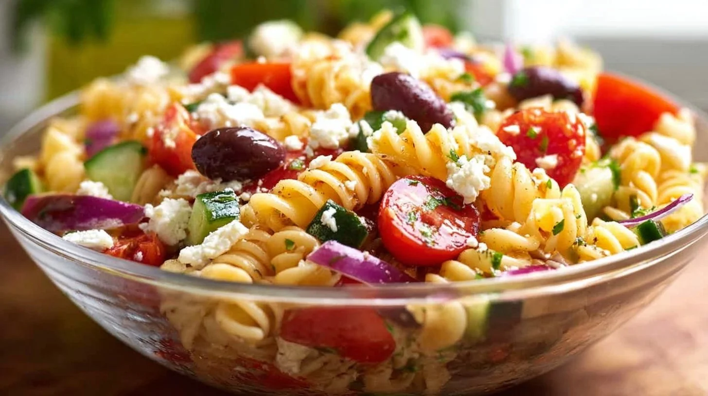 Colorful Greek pasta salad with vegetables, feta, and olives in a bowl