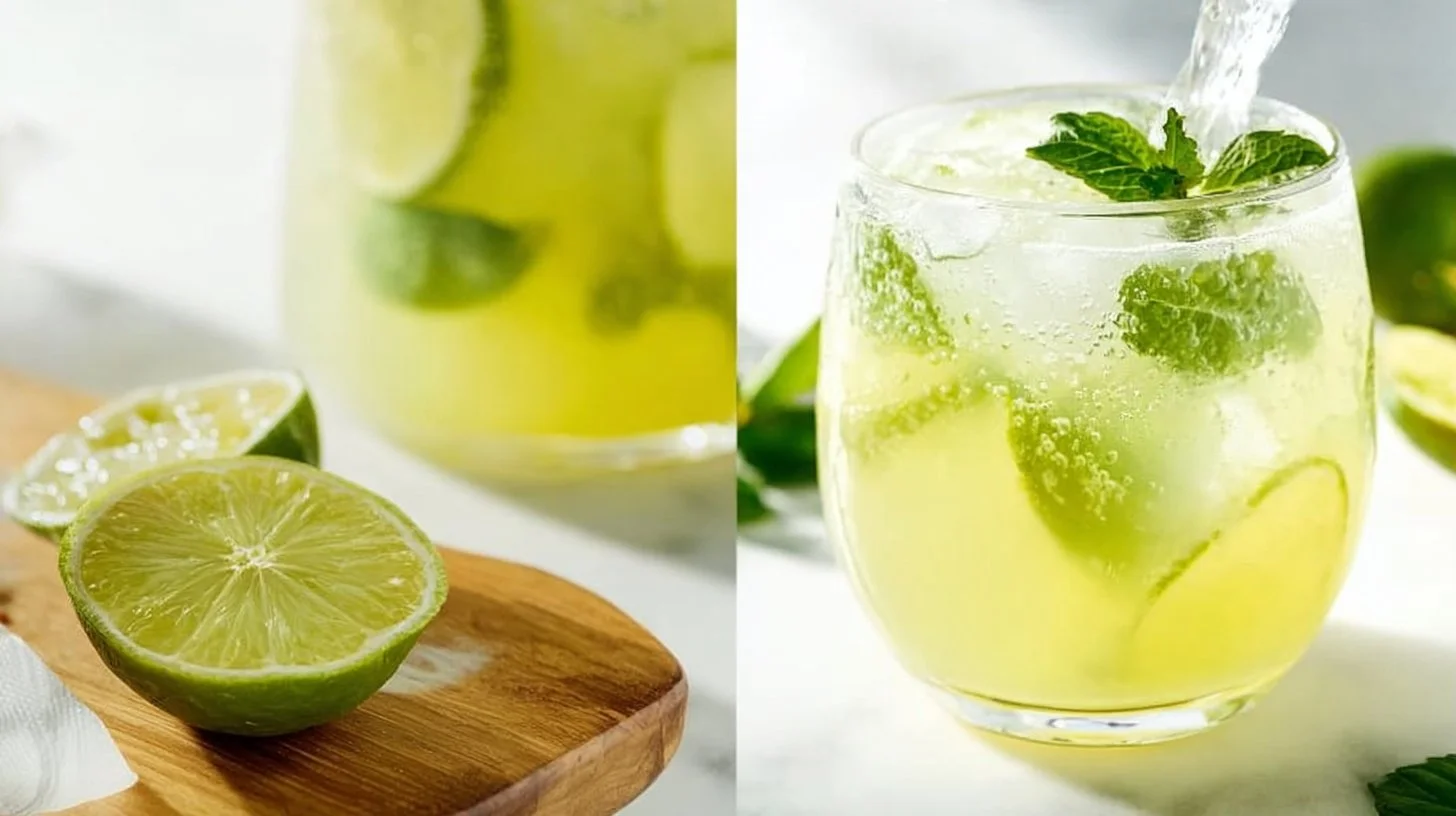 Glass of homemade limeade with fresh limes and ice