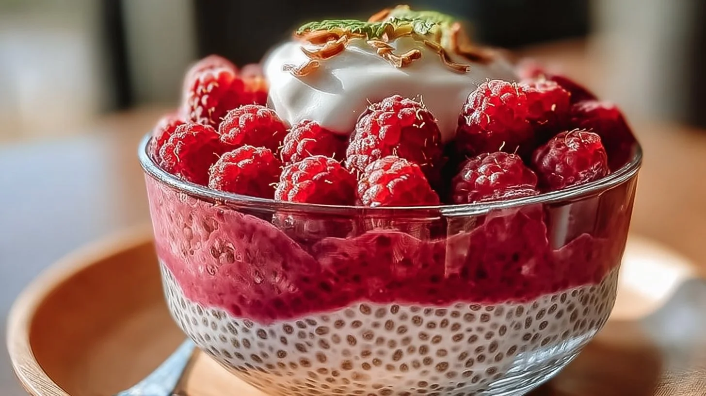 Healthy raspberry chia pudding served in a glass topped with fresh raspberries.