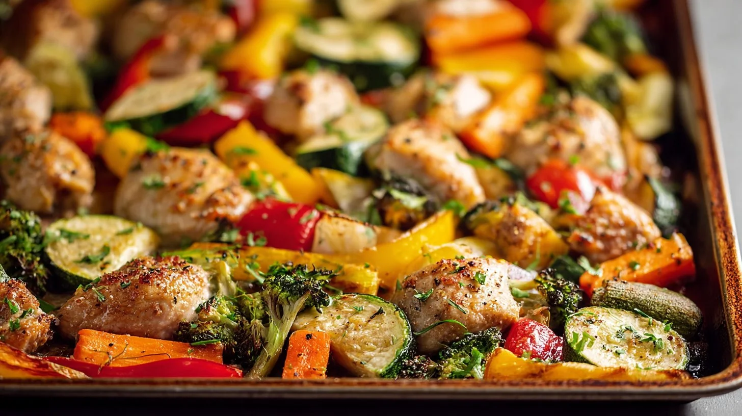 Easy sheet-pan chicken with a mix of rainbow vegetables on a baking tray