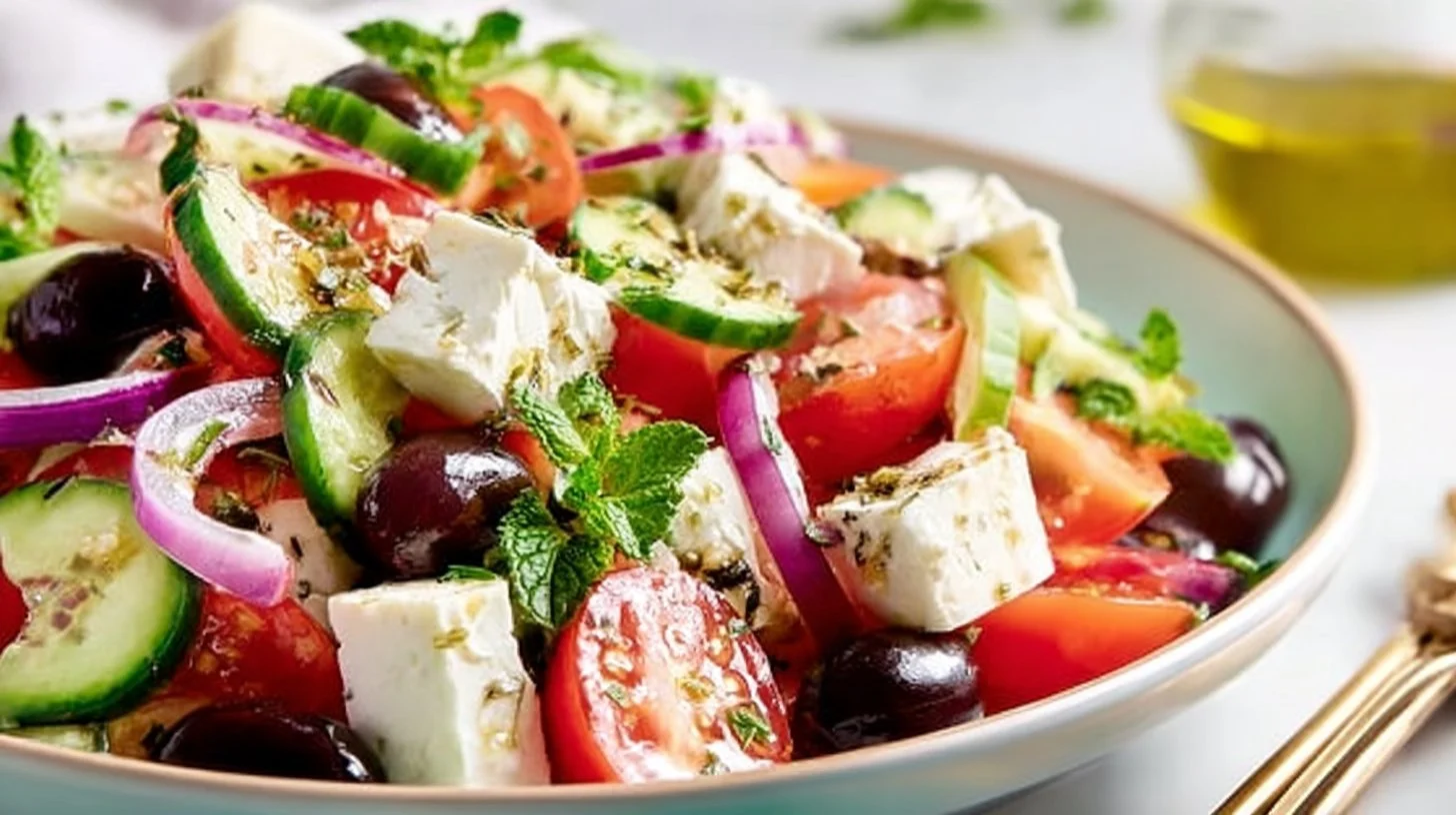 Fresh Greek Salad featuring tomatoes, cucumbers, olives, and feta cheese