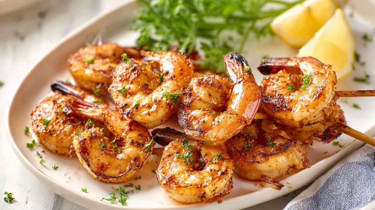 Deliciously grilled shrimp served with fresh herbs and lemon.