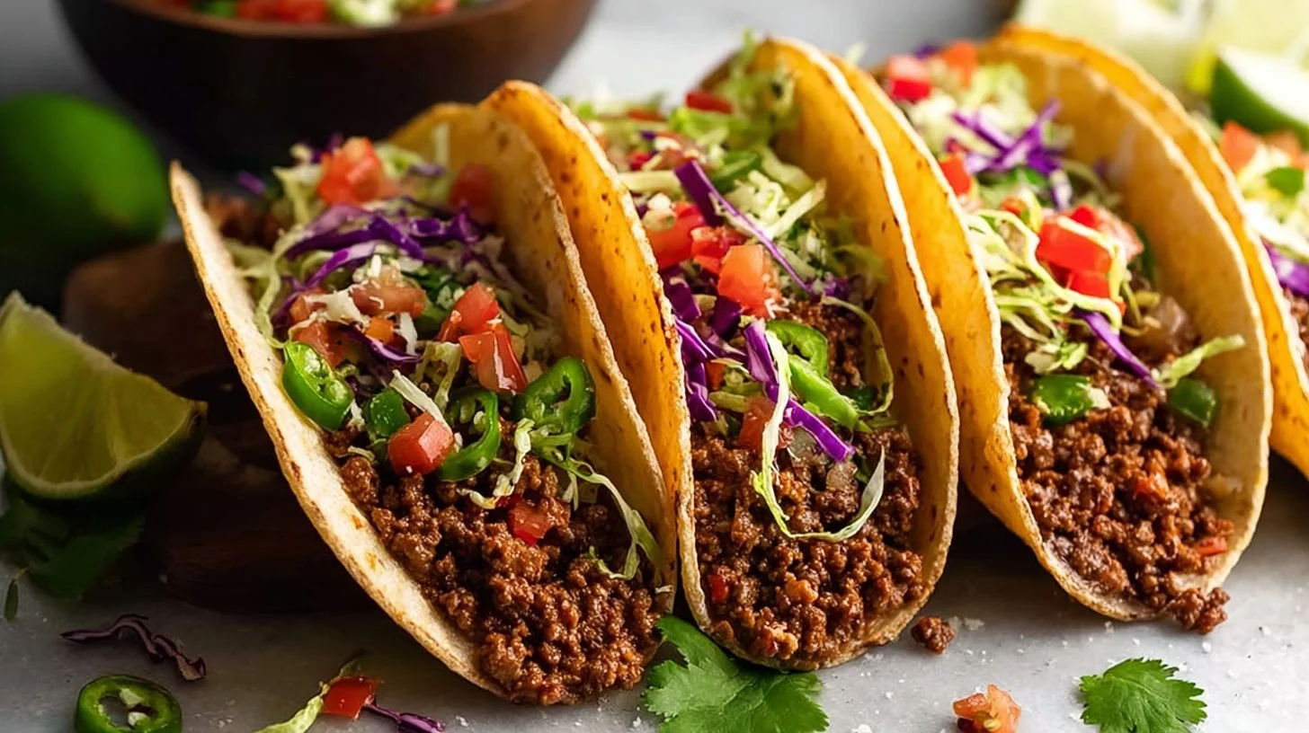 Delicious ground beef tacos ready to serve, topped with fresh ingredients.