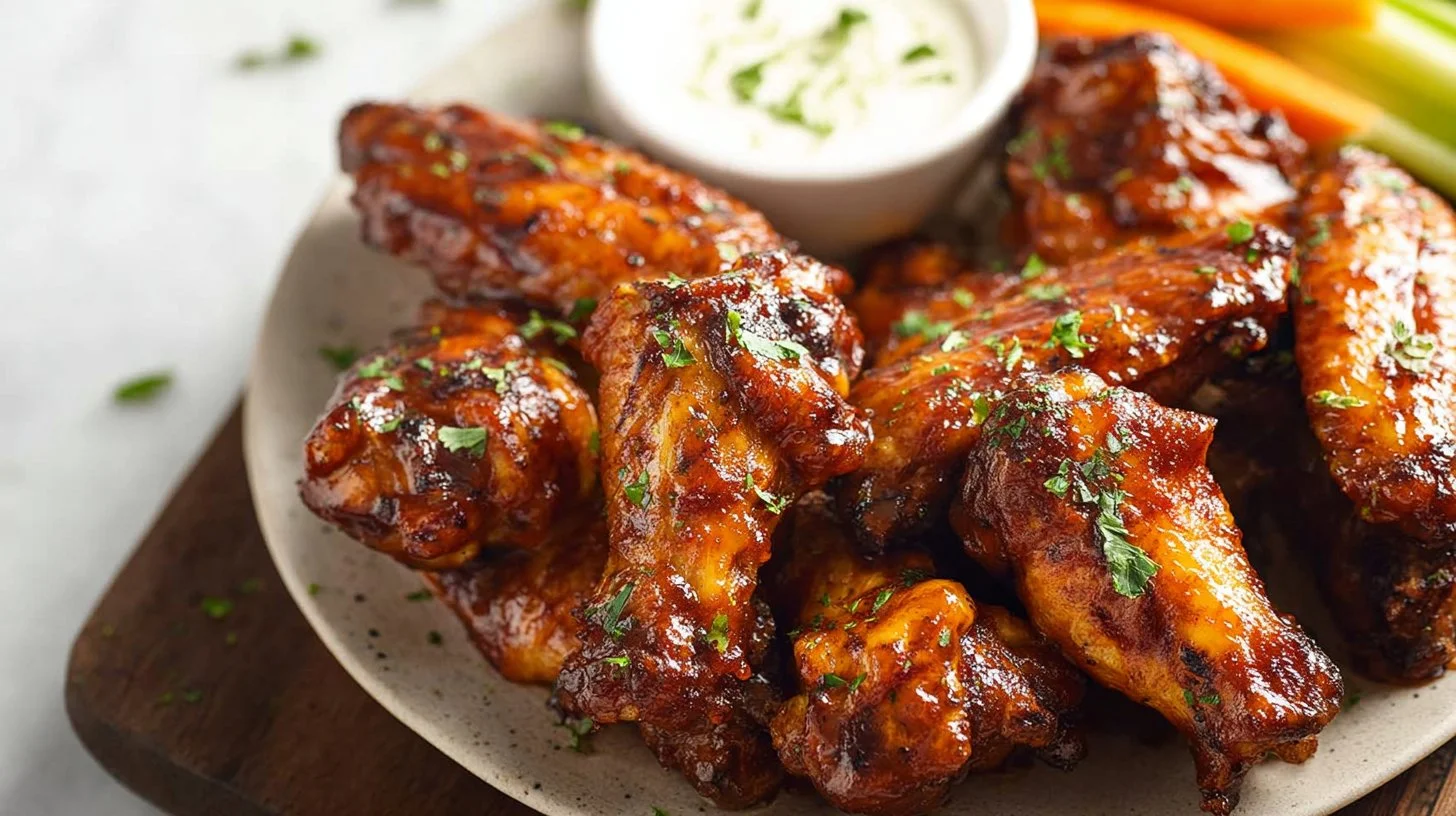 Crispy honey barbecue chicken wings with a sticky glaze on a serving platter.