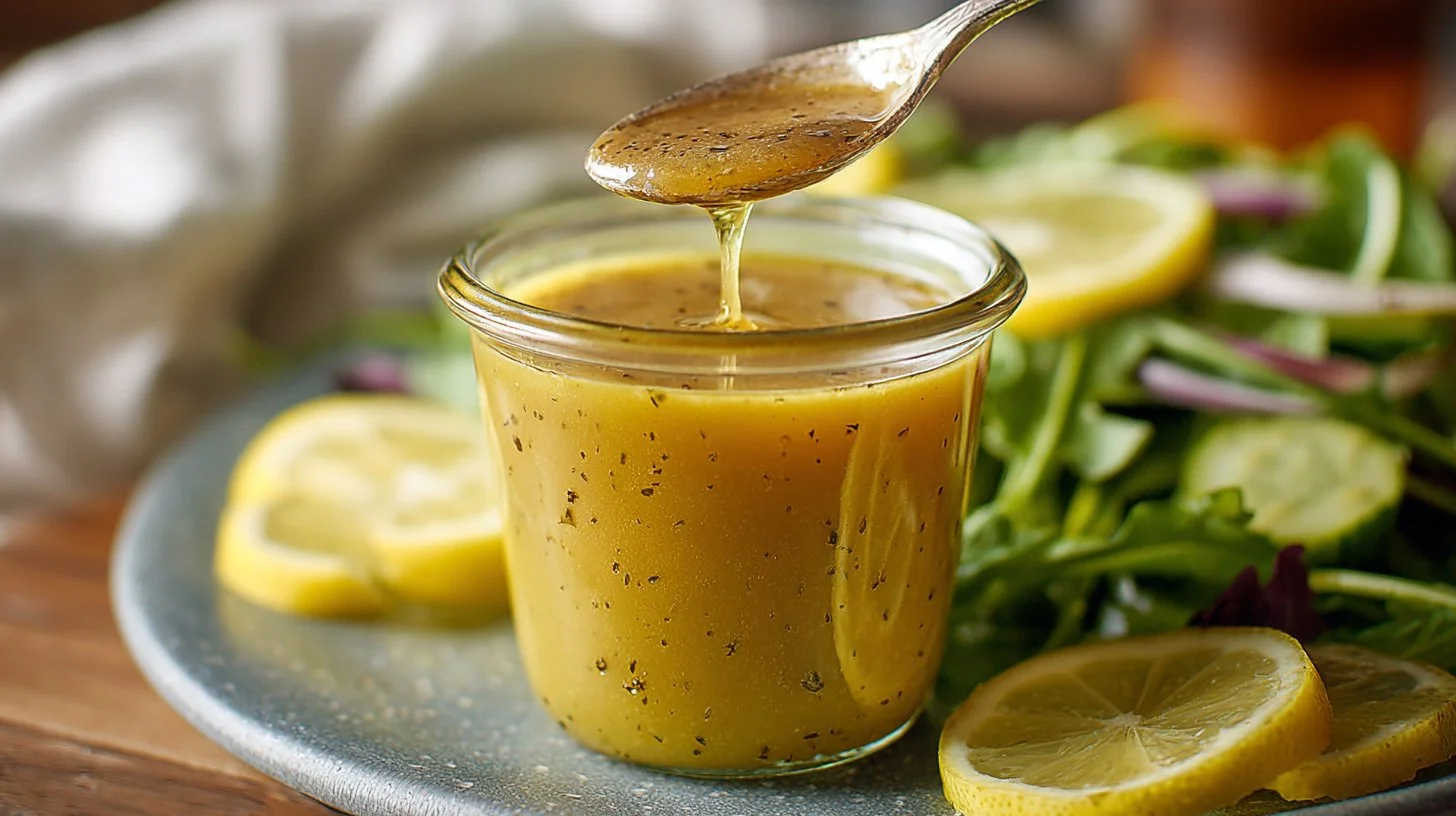 A bowl of Honey Lemon Vinaigrette drizzling over fresh green salad.