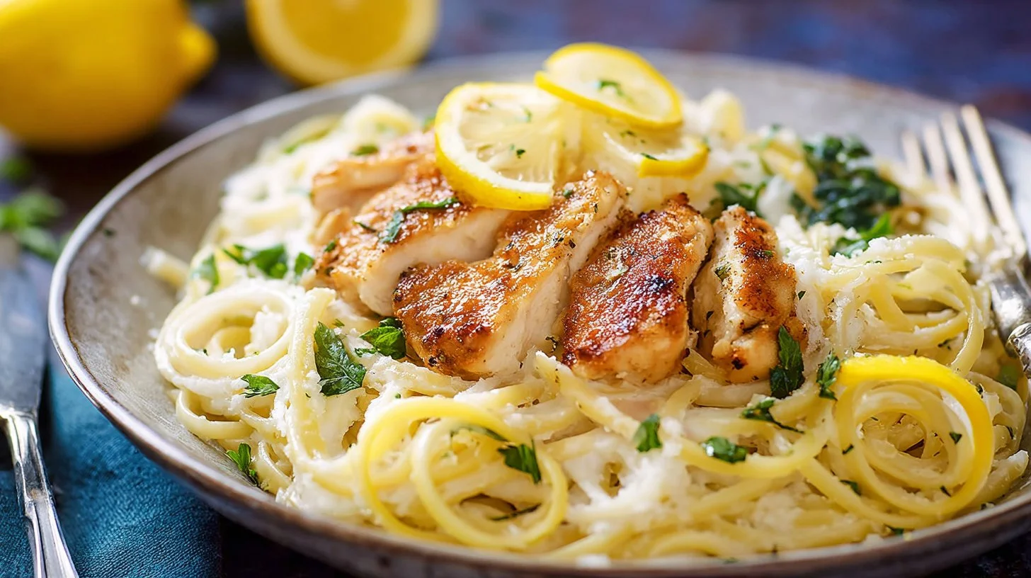 Plate of Lemon Chicken Pasta garnished with herbs and lemon slices.