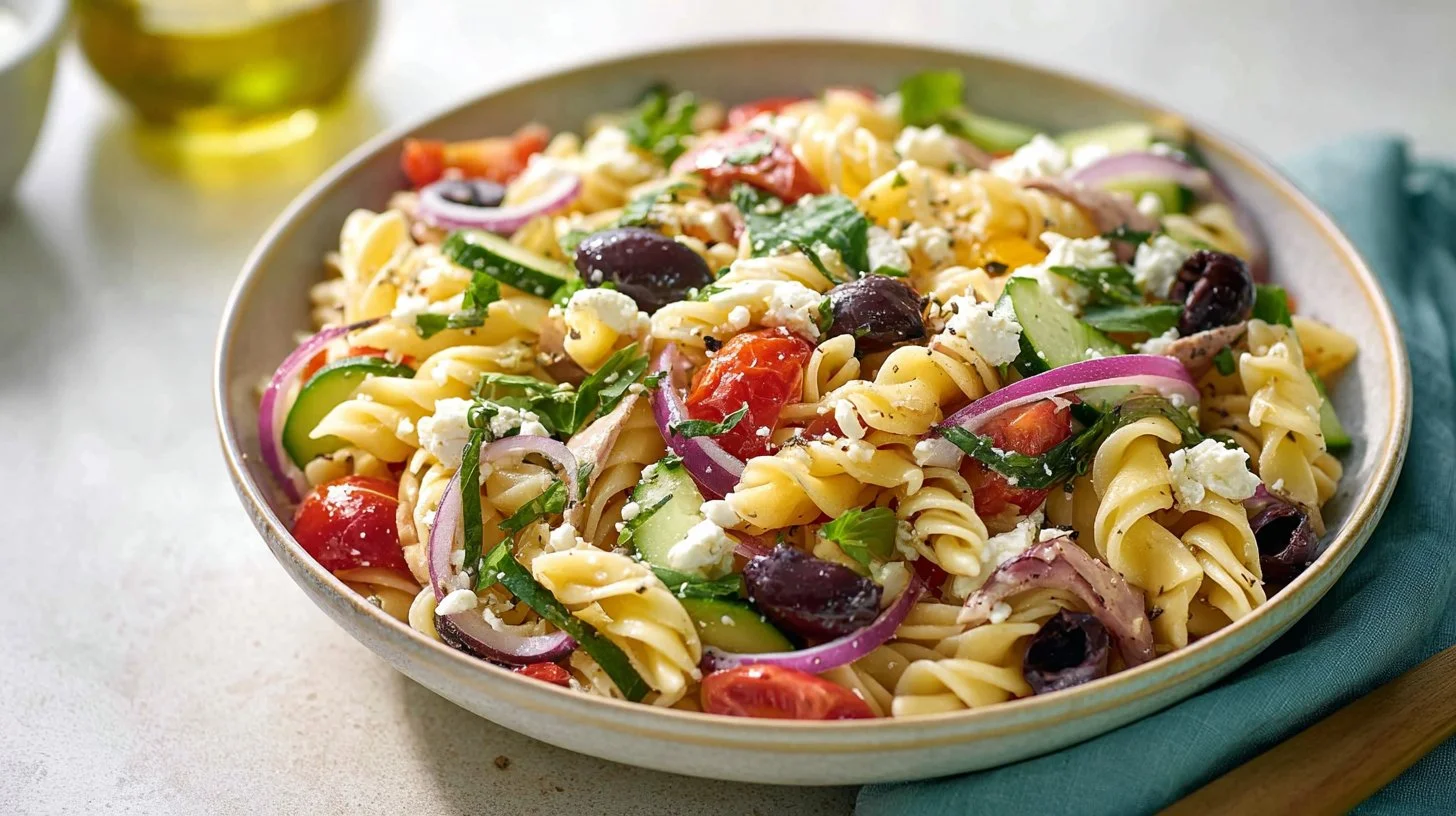 Mediterranean pasta salad with fresh vegetables and dressing