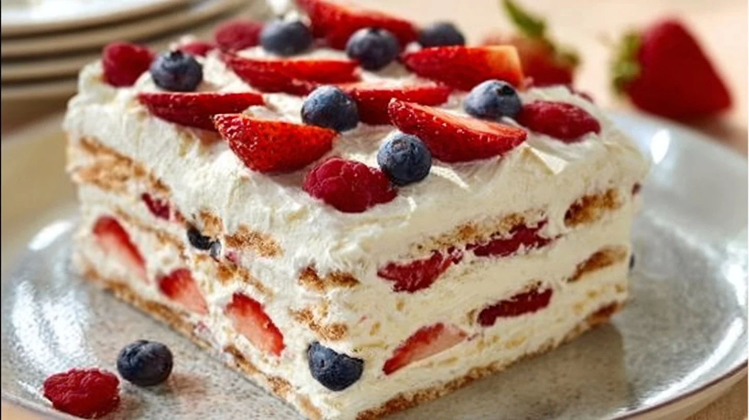 No bake summer berry icebox cake with fresh berries and whipped cream