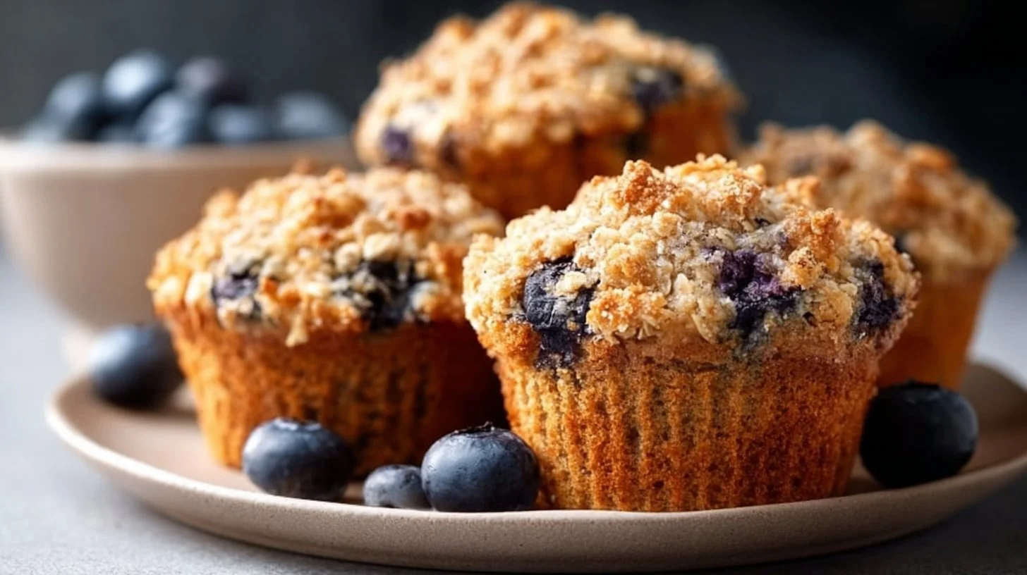 Freshly baked oatmeal blueberry muffins on a wooden table