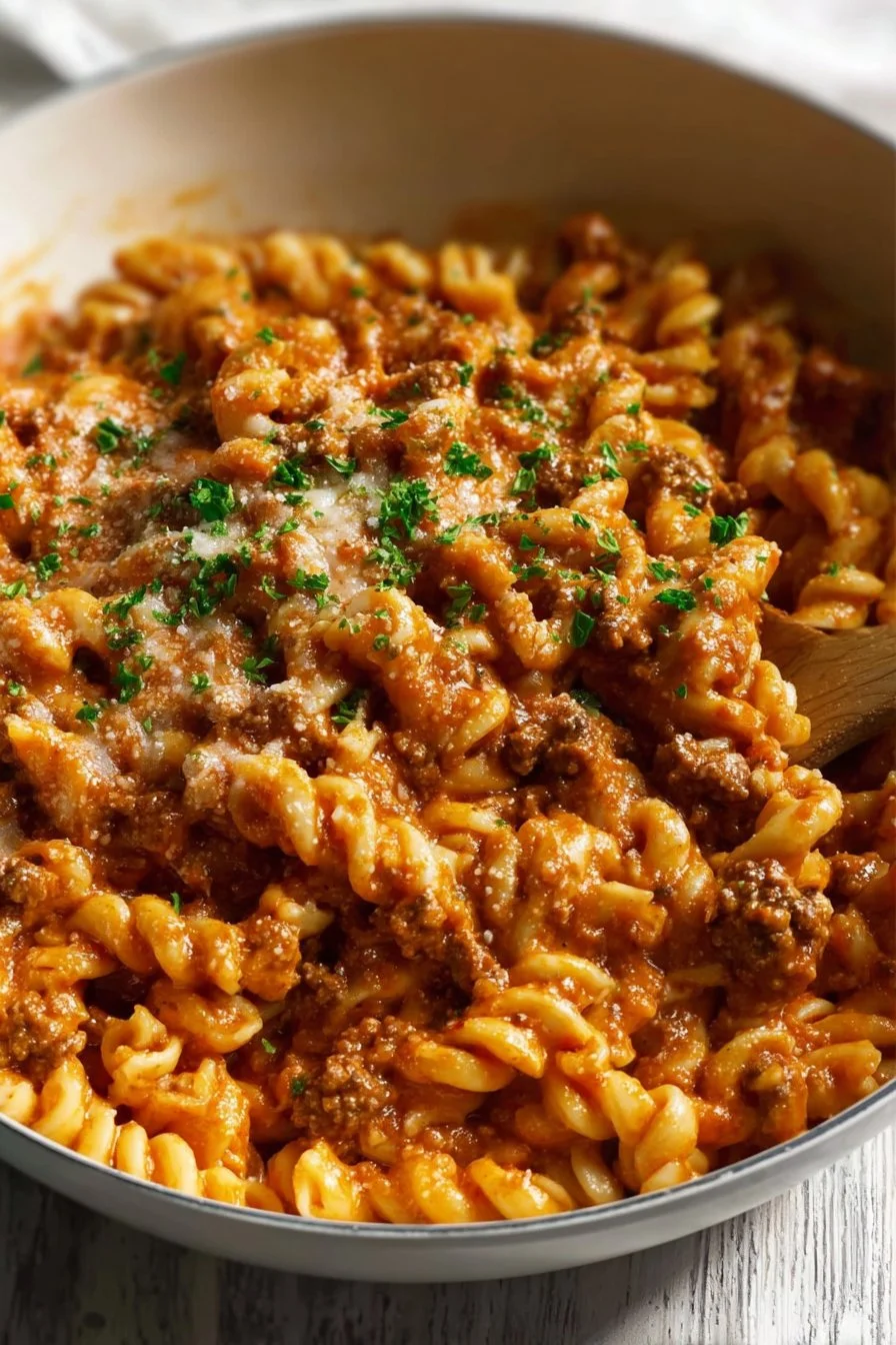One pot creamy tomato beef pasta