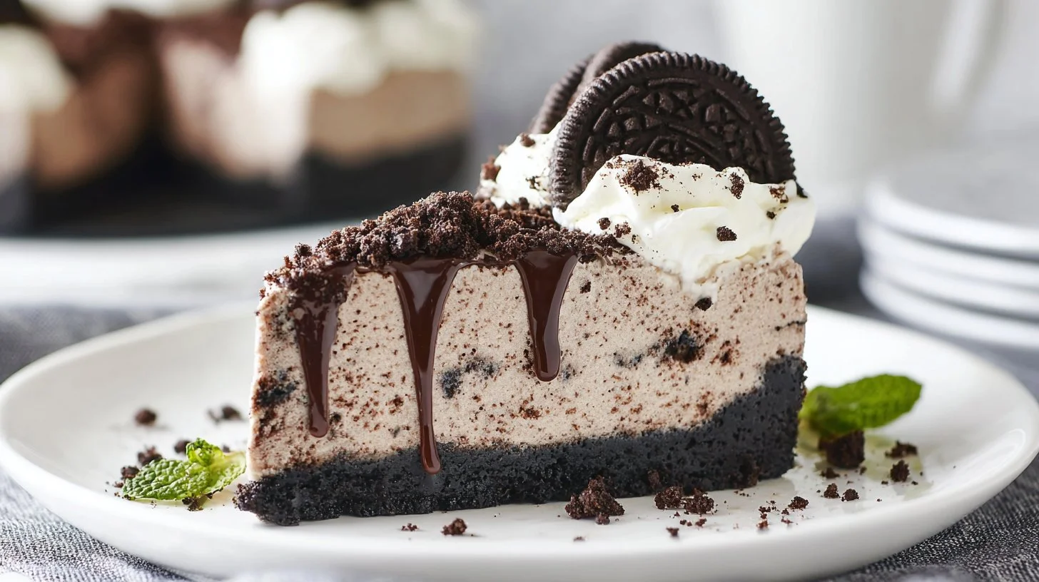 Delicious slice of Oreo Cheesecake topped with crushed Oreos and whipped cream